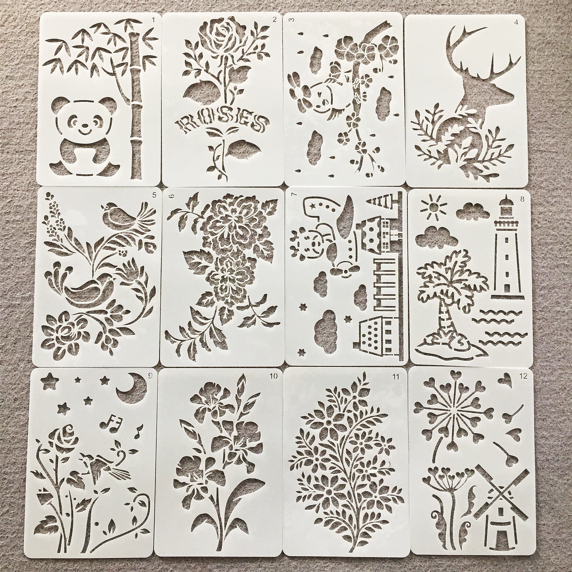 12Pcs/Set 20cm Stencils Flores e Panda